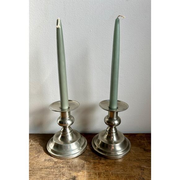Vintage Pair of 95% Pewter Candlesticks | Grand Millennial Silver Candleholders - Picture 1 of 4
